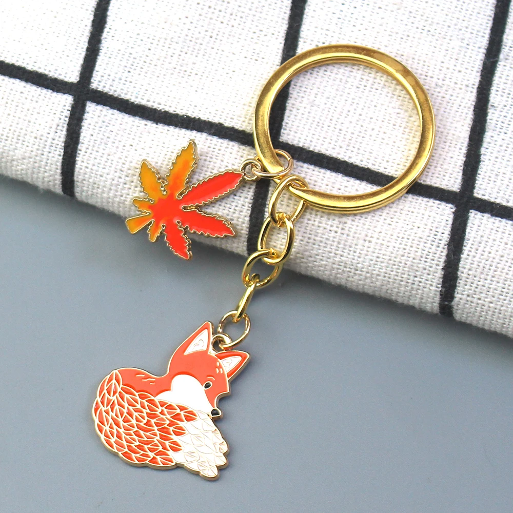 Cute Enamel Keychain Maple Leaves Fox Key Ring Animal Key Chains Souvenir Gifts For Women Men Car Keys DIY Handmade Jewelry