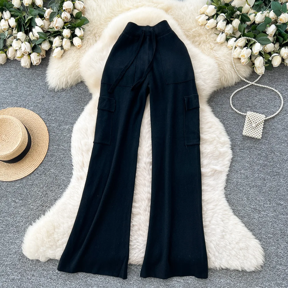 Women Solid Knitted Straight Pants Cargo Capris Drawstring Waist Floor Lenth Pockets Slim Fit Elegant Casual 2025 Autumn Winter