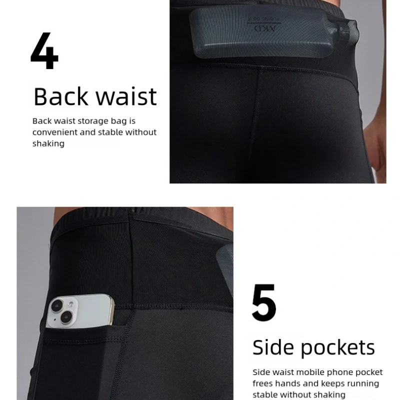 Herren-Kompressions-Marathon-Laufshorts mit Hüfttasche, schnell trocknend, für Training, Fitness, Sport, enge Shorts – Detail 10