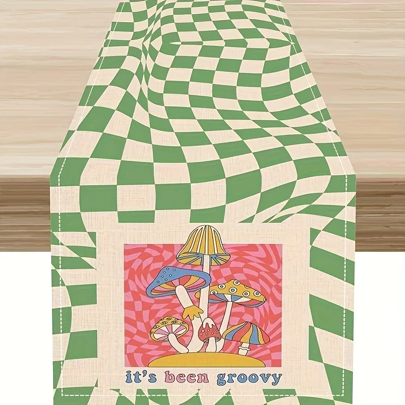 1 Piece of Green Plaid Table Runner with a Vintage Hippie Party Style Mushroom Design, Suitable for Farmhouse, Indoor, Kitchen, Celebrations, Table Decoration, Restaurant, and Banquet Decoration Supplies