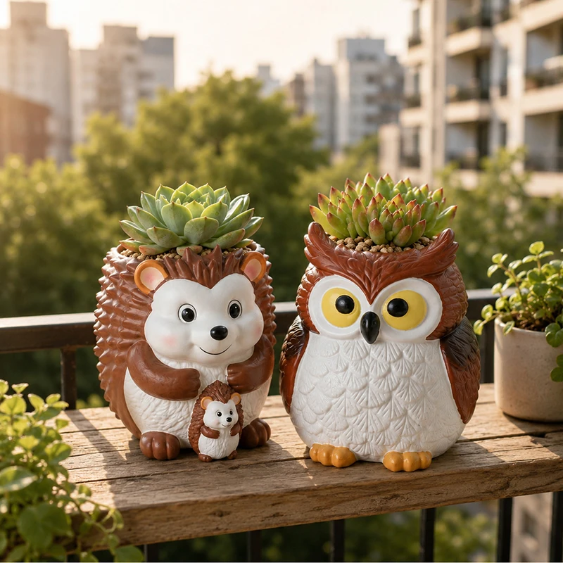 Resin Cartoon Animal Succulent Planter Hedgehog Owl Plant Pot Desktop Decor Ornament for Balcony Windowsill Gardening Layout