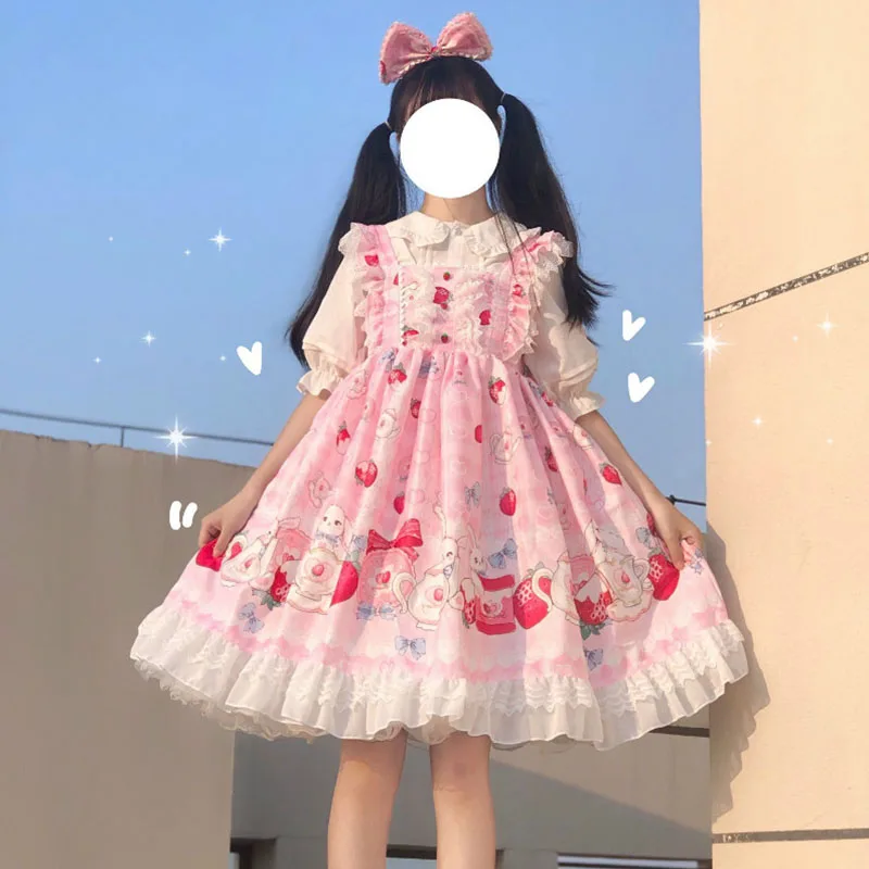 

Lolita Doll Sweet Style plus Size Slimming JSK Dress Set with Strap for Young Girls Summer Casual High Waist Princess Skirt