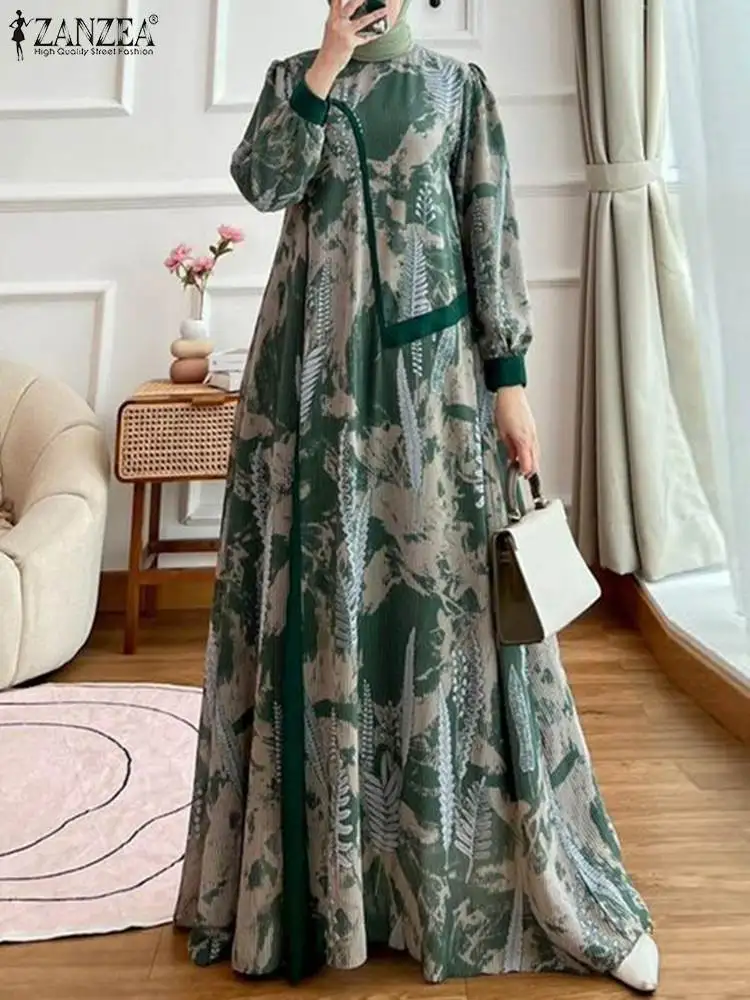 ZANZEA Women Elegant Leaves Printing Maxi Dress Vintage Lantern Sleeve O Neck Casual Loose Kaftan Vestido Muslim Abaya Long Robe