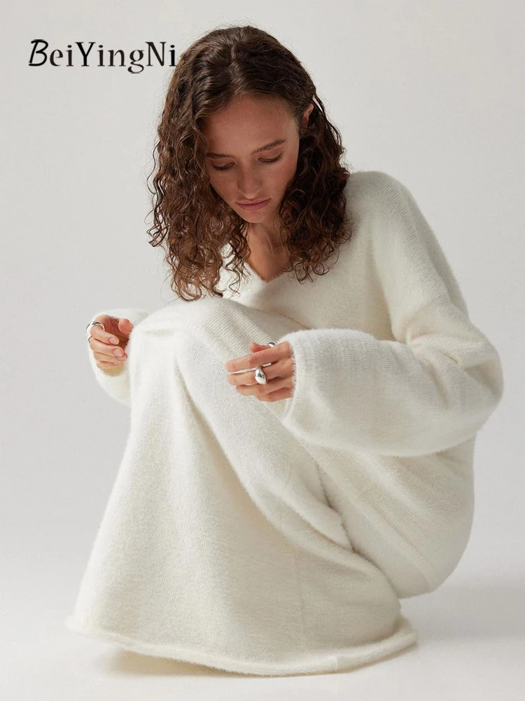 Beiyingni 2025 Otoño Invierno conjuntos de faldas para mujer Simple elegante suéter de calle conjunto de dos piezas chándales de Color sólido para mujer