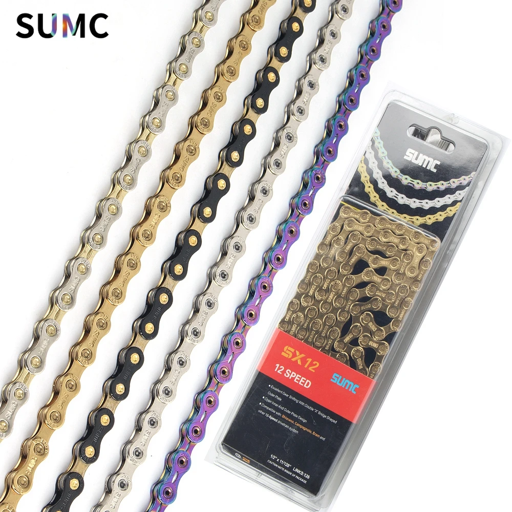 SUMC Bicycle chain Gold Silver Rainbow Bike Chains 12 Speed X12EL X12SL Hollow Ultralight MTB/Road Bike 126L with Magic Buckle