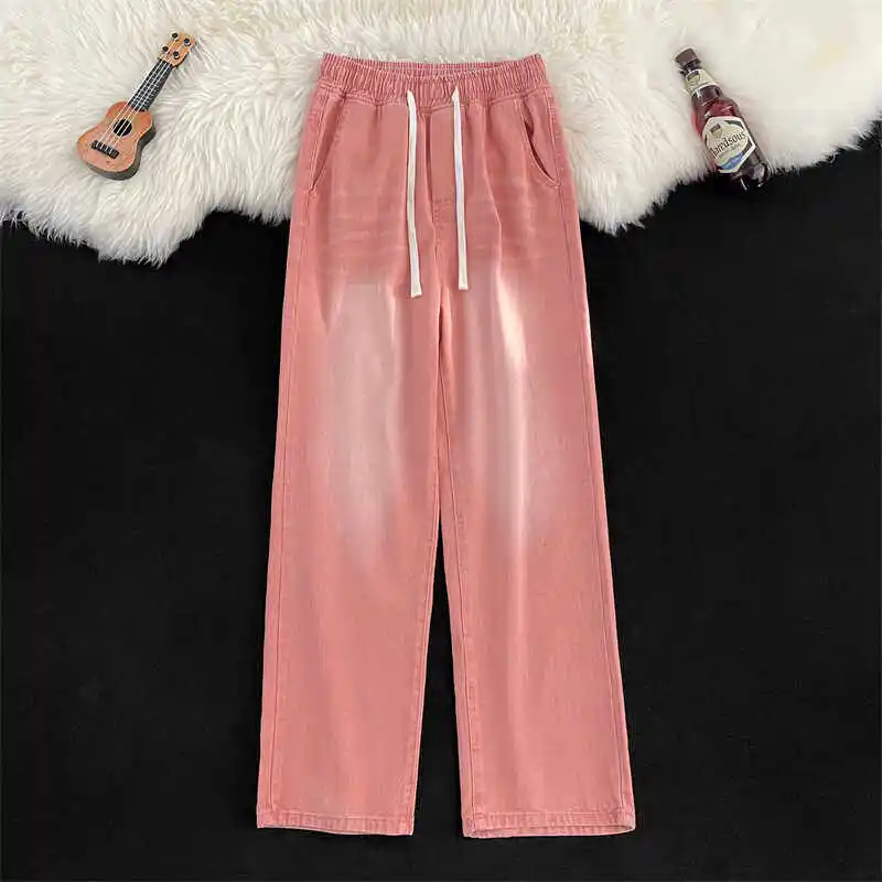 

Spring Summer Men's Pink Jeans American Casual Fashion Straight Leg Denim Pants Simple Elastic Waist Drawstring Male Trousers