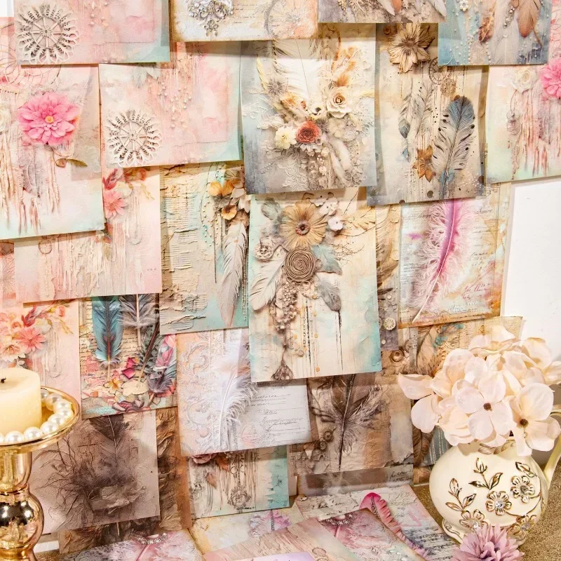 10Pcs Background Journal Paper Supplies Feather Letter Series DIY Base Decoration 30Pcs 6 Styles Vintage Stickers Scrapbooking