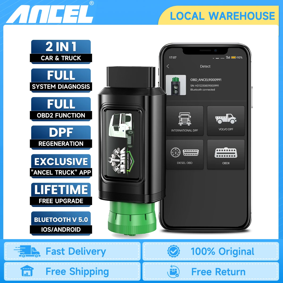 

ANCEL HD120 Bluetooth Diesel Heavy Duty Truck Scanner for Volvo/International 9/16 Pin All System D.P.F Diagnostic Scan Tool