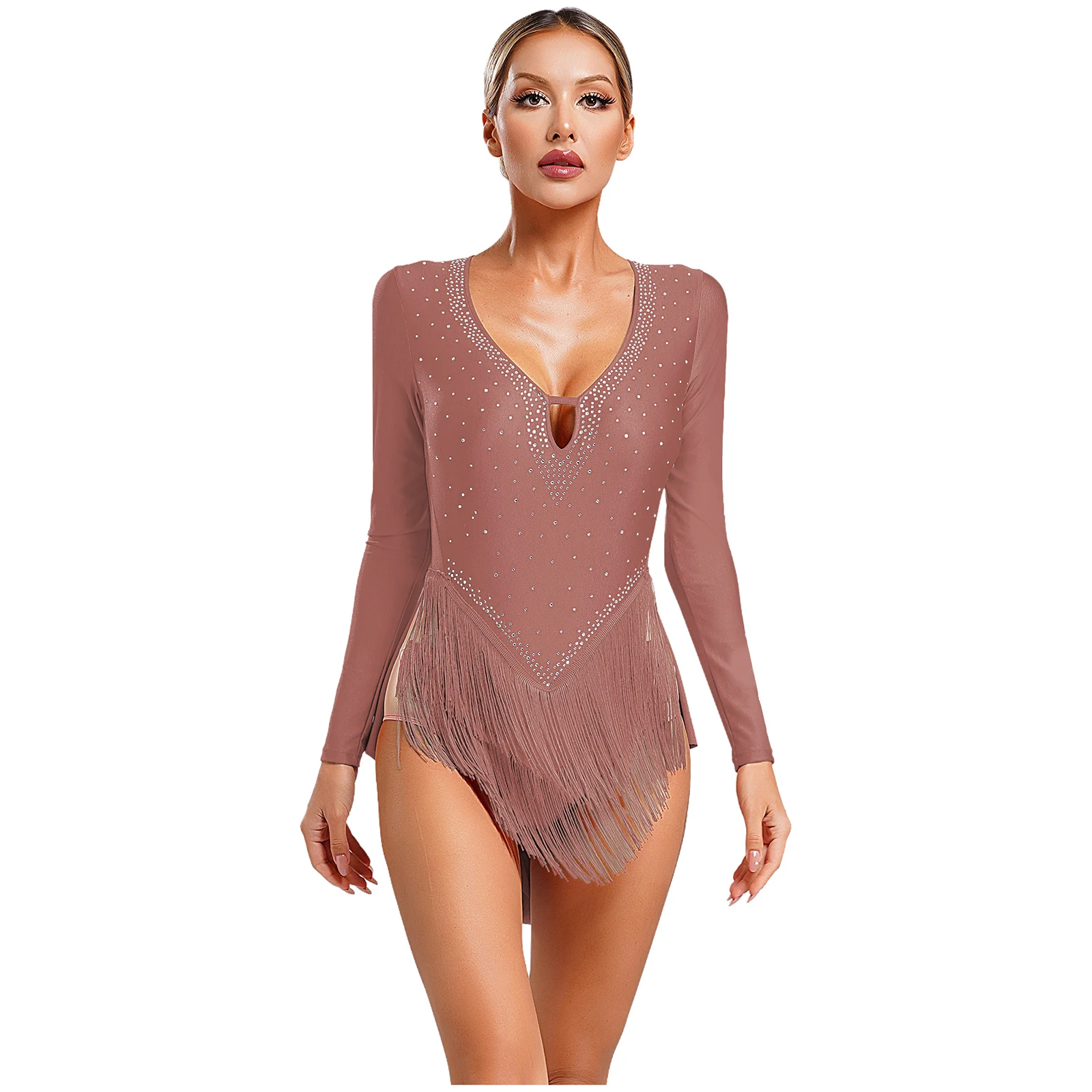 Womens Latin Dance Bodysuit Tassels Rhinestone Fringe Leotard Long Sleeve Backless Sexy Bodysuits Tango Dancewear Chacha Costume