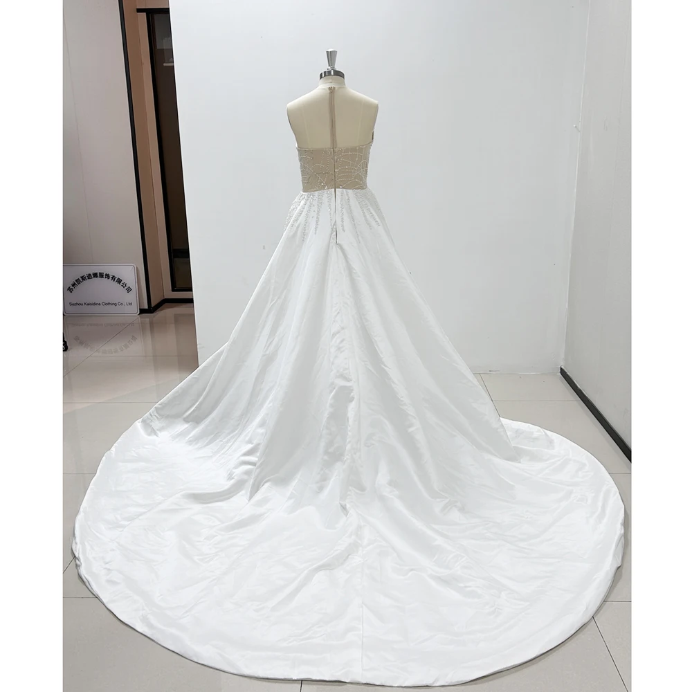 Vestidos de novia elegantes de satén con perlas blancas, vestidos de sirena con lentejuelas y cuentas con cuello en V a la moda, vestidos de novia de cola de corte plisados de lujo