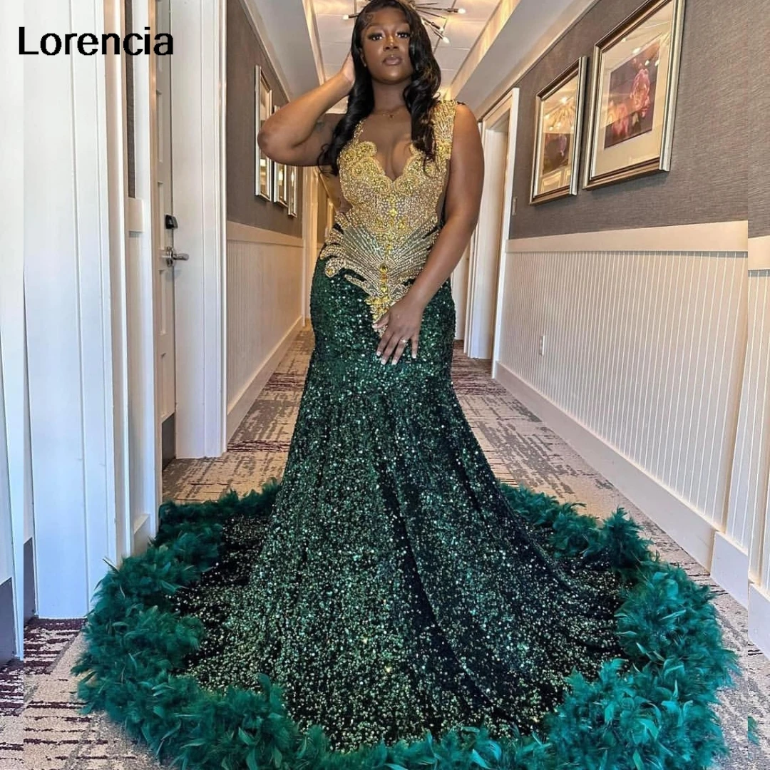 Customized Green Ruffles Sequins Mermaid Prom Dress Gold Beaded Rhinestone For Black Girls Birthday Party Gala Gown YPD172