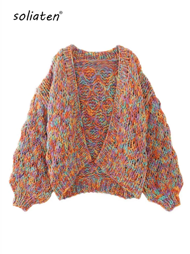 Coarse Wool Knit Cardigan Round Neck Multi-Color Rainbow Sweater For Women Needle Hand Made High Quality C-197