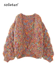 Cardigan in maglia di lana grossa girocollo maglione arcobaleno multicolore per donna ago fatto a mano di alta qualità C-197