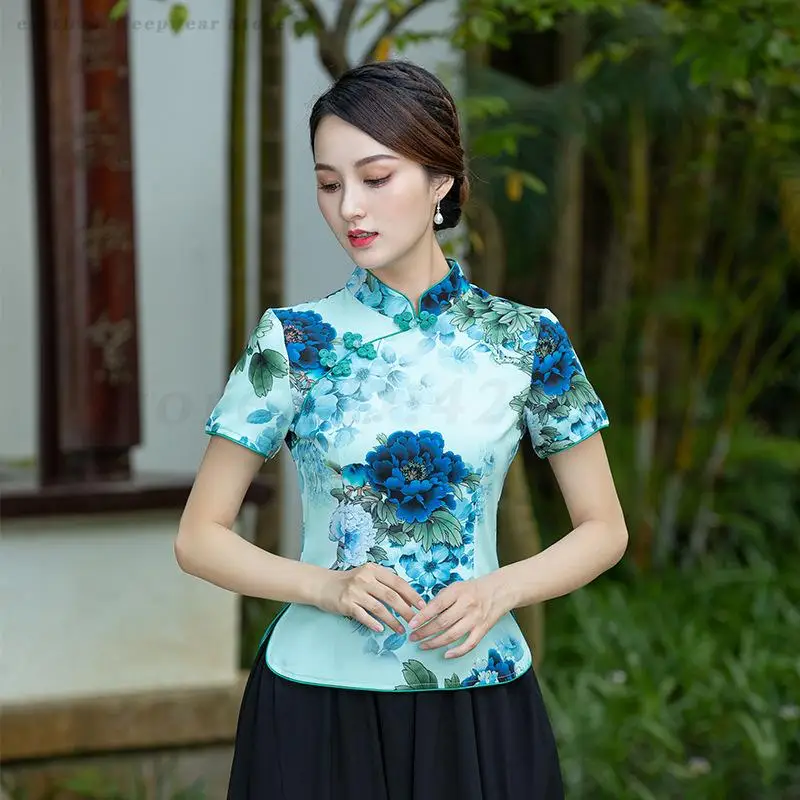 

Spring Summer New Tang Clothes Chinese Style Cheongsam Top Satin Print Blouse Women Elegant Traditional Clothing Vintage Tops