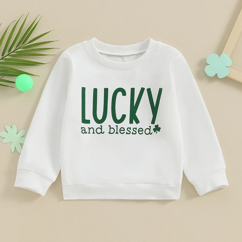 Dziecięce bluzy z kapturem unisex Lucky Clover nadruk graficzny swetry z okrągłym dekoltem dziecięce stroje na dzień Świętego Patryka jesienne swetry dla