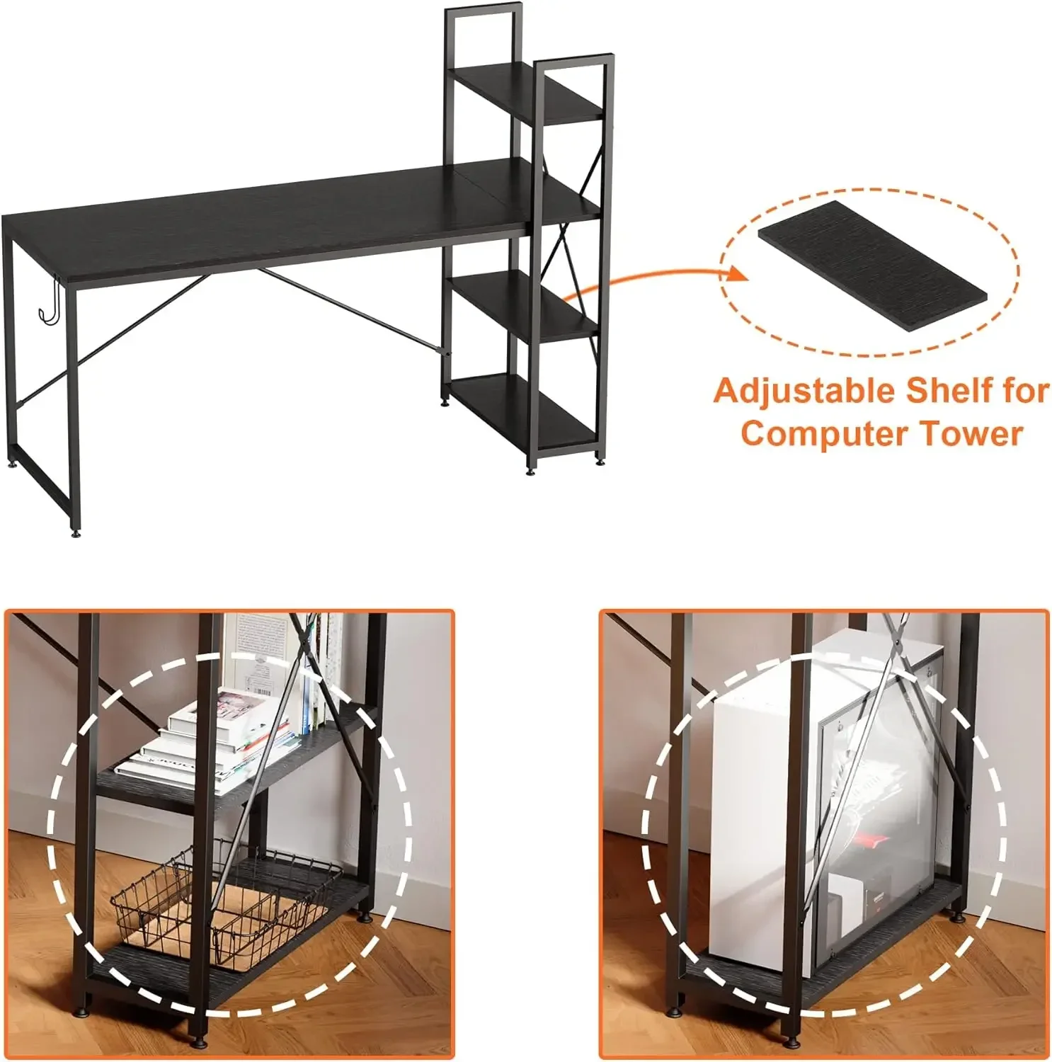 63 Inch Computer Desk with Adjustable Shelves, Simple Writing Desk with Reversible Bookshelf