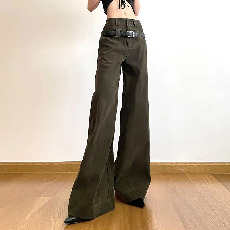 

Wide Leg Pants PU Leather With High Waist Retro Green Low Rise Straight Woman Y2K Streetwear Trousers Pockets Casual Pants