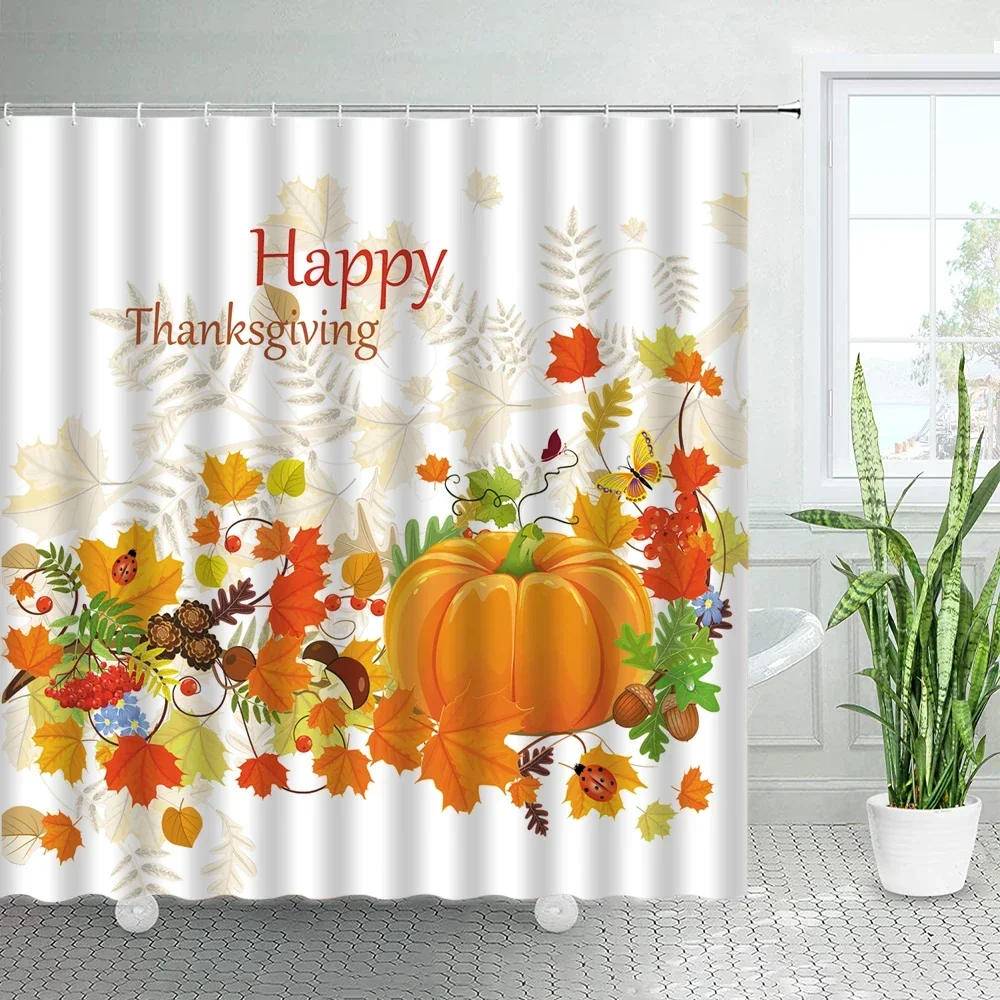 Thanksgiving Shower Curtains Set Red Yellow Maple Leaves Pumpkin Autumn Harvest Festival Decor Bathroom Bath Curtain With Hooks