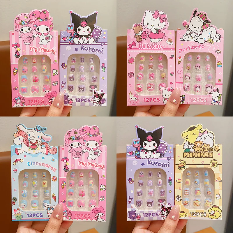 12Pcs Sanrio Kuromi/Melody/Kitty/Pochacco Kids False Nail 11-15mm Cartoon Short Girl Fake Nail Tips Press On Nail Cute Girl Tips