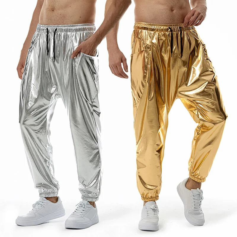 Men Metallic Shiny Pants Jogger Trousers Night Club Stage Dance Party Clubwear Sweatpants Casual Holographic Disco Bottoms