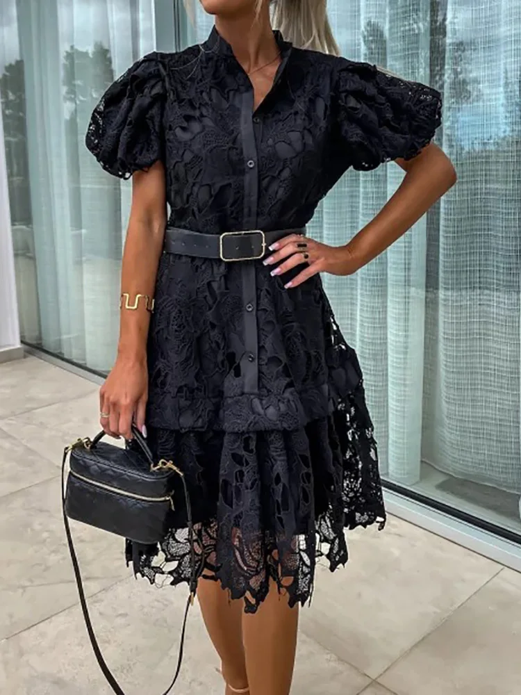

Stand Collar Loungewear Solid Cardigan Dress, Summer Women Short Puff Sleeve Party Dress, 2024 New Loose Fit Simple Ladies Dress
