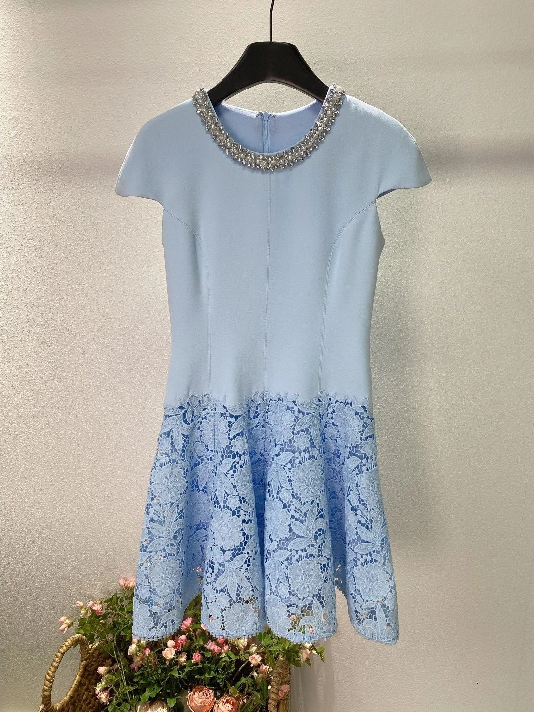 2026 Spring Summer New Women's Blue Lace Patchwork Hand-Carved Slim Waist Elegant Short Dress Party Clubwear