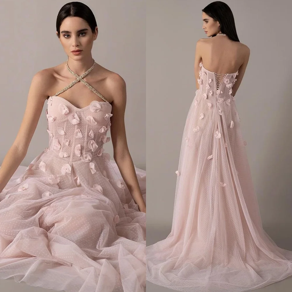 

Customized Elegant Tulle Evening Dress Modern Halter Sleeveless Homecoming Dresses Classic Lace Up Back Special Occasion Gowns