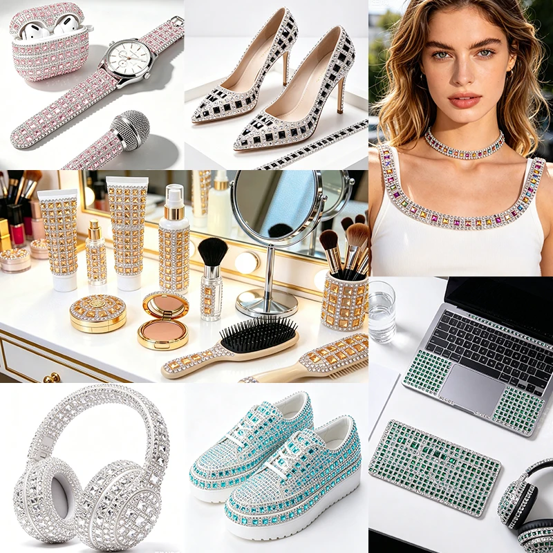 QIAO 2 Meter Selbstklebende Mehrfarbige Luxus-Quadrat-Strass-Besatzstreifen Kristallkette für DIY-Handwerk Schuhe Taschen Kleidung – Detail 2