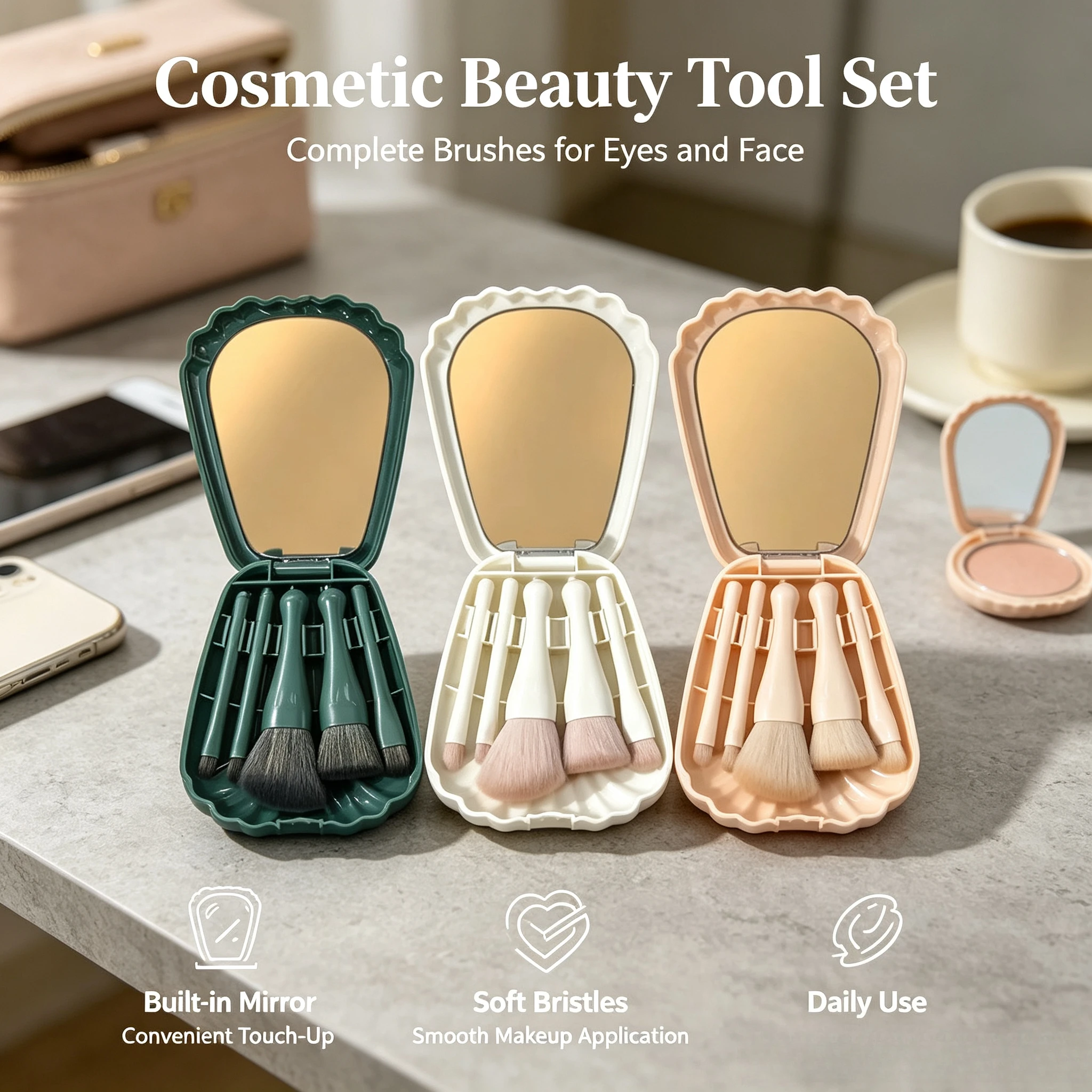Portable Shell Mirror Makeup Brush Set Eyeshadow Blush Powder Brushes Cosmetic Beauty Tools For Travel Daily Makeup