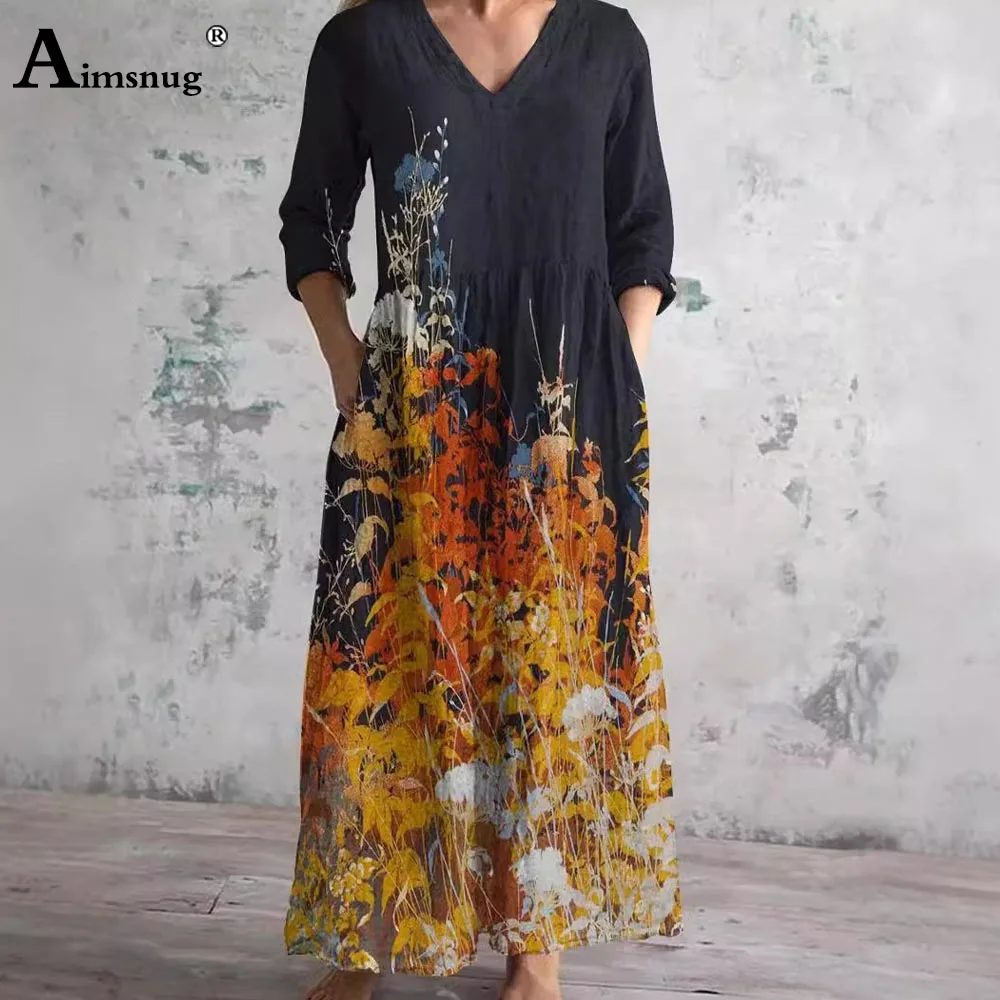 Aimsnug Plus Size Damen Casual Boho Blumendruck Langes Kleid 2025, europäische lange Ärmel, Maxikleider, sexy Damenkleid mit V-Ausschnitt, Neu
