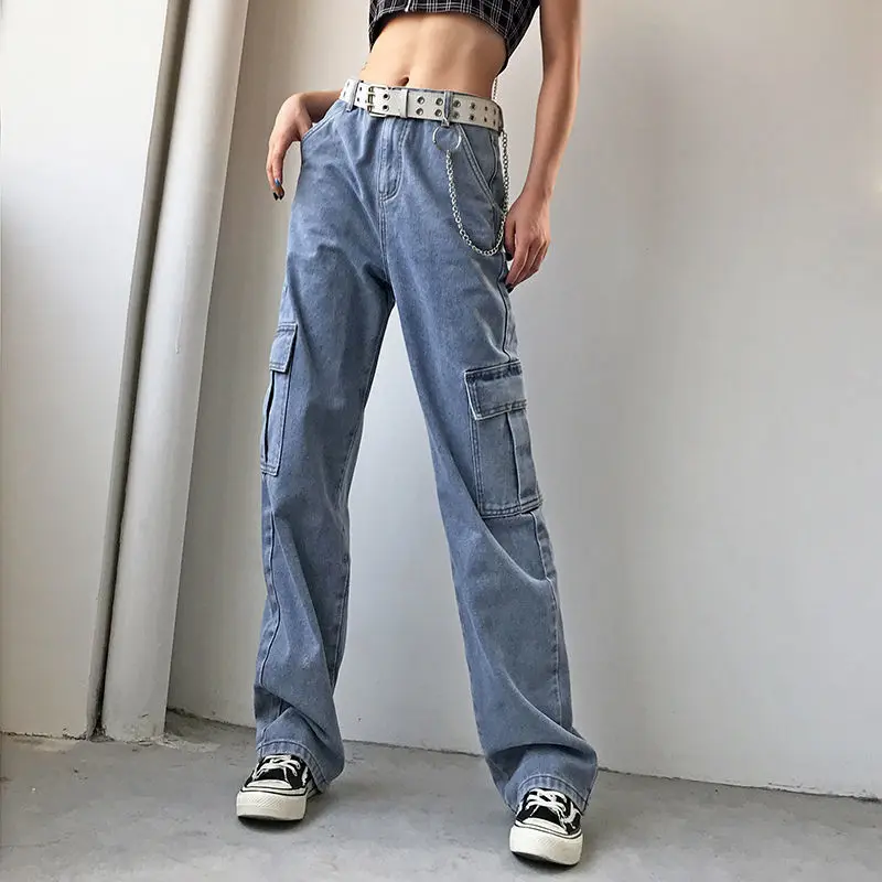 

Vintage Baggy Cargo Pants Women High Waist Denim Trousers Wide Leg Jeans Y2K Casual Punk Loose Streetwear Pocket Summer 2022