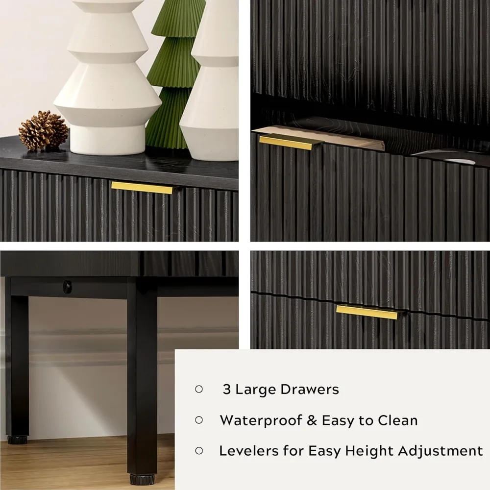 par de cômodas modernas com gavetas caneladas com 3 gavetas, baús de madeira com pernas e puxadores de metal