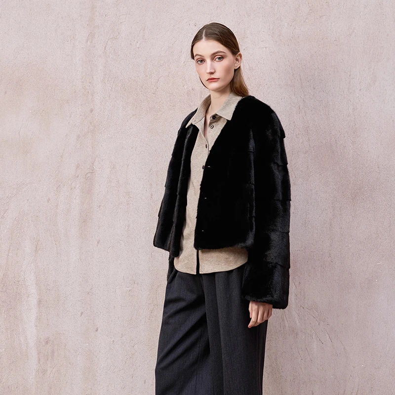 Ftangaiur 겨울 수입 백조 벨벳 밍크 퍼 코트 V넥 심플 스타일 솔리드 밍크 코트 여성용 짧은 천연 리얼 밍크 퍼 코트