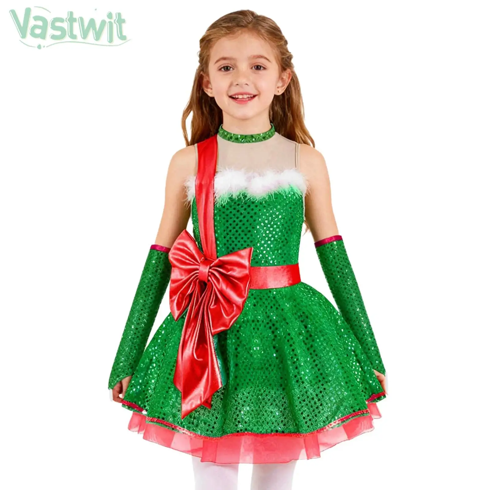 Teen Girls Christmas Sleeveless Candy Cane Striped Ballet Dance Tutu Dress with Sleeves Xmas New Year Carnival Santa Elf Costume