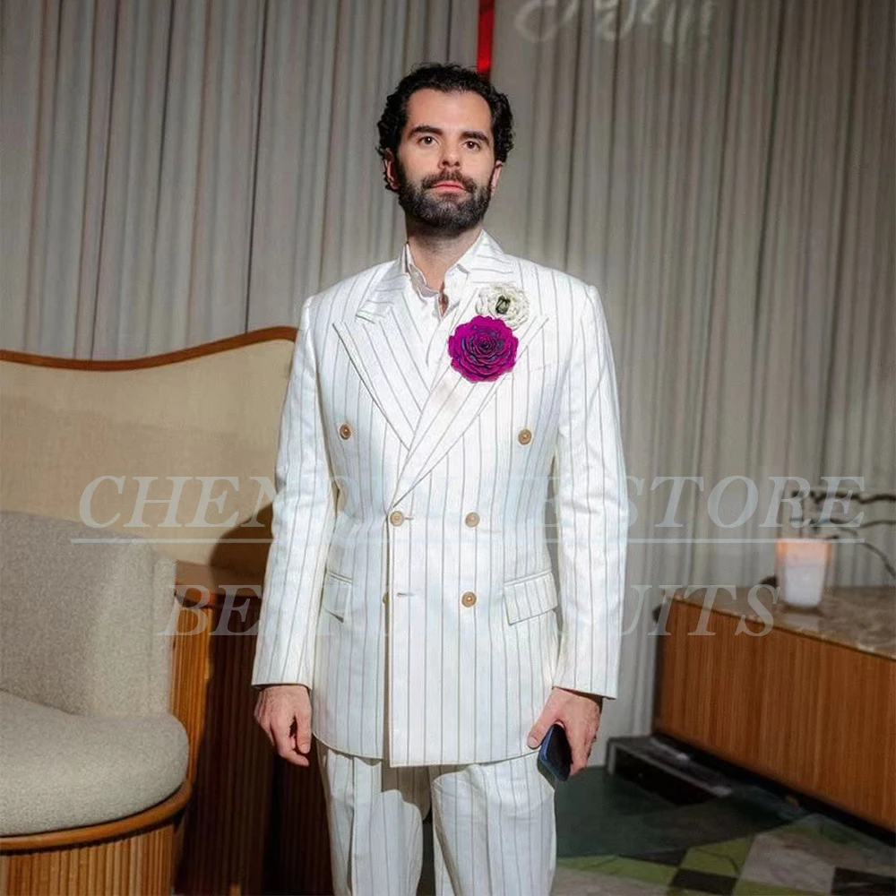 

Elegant White Stripe Men's Suits for Wedding Chic Double Breasted Peak Lapel Regular Length 2 Piece Jacket Pants Full Sets Terno