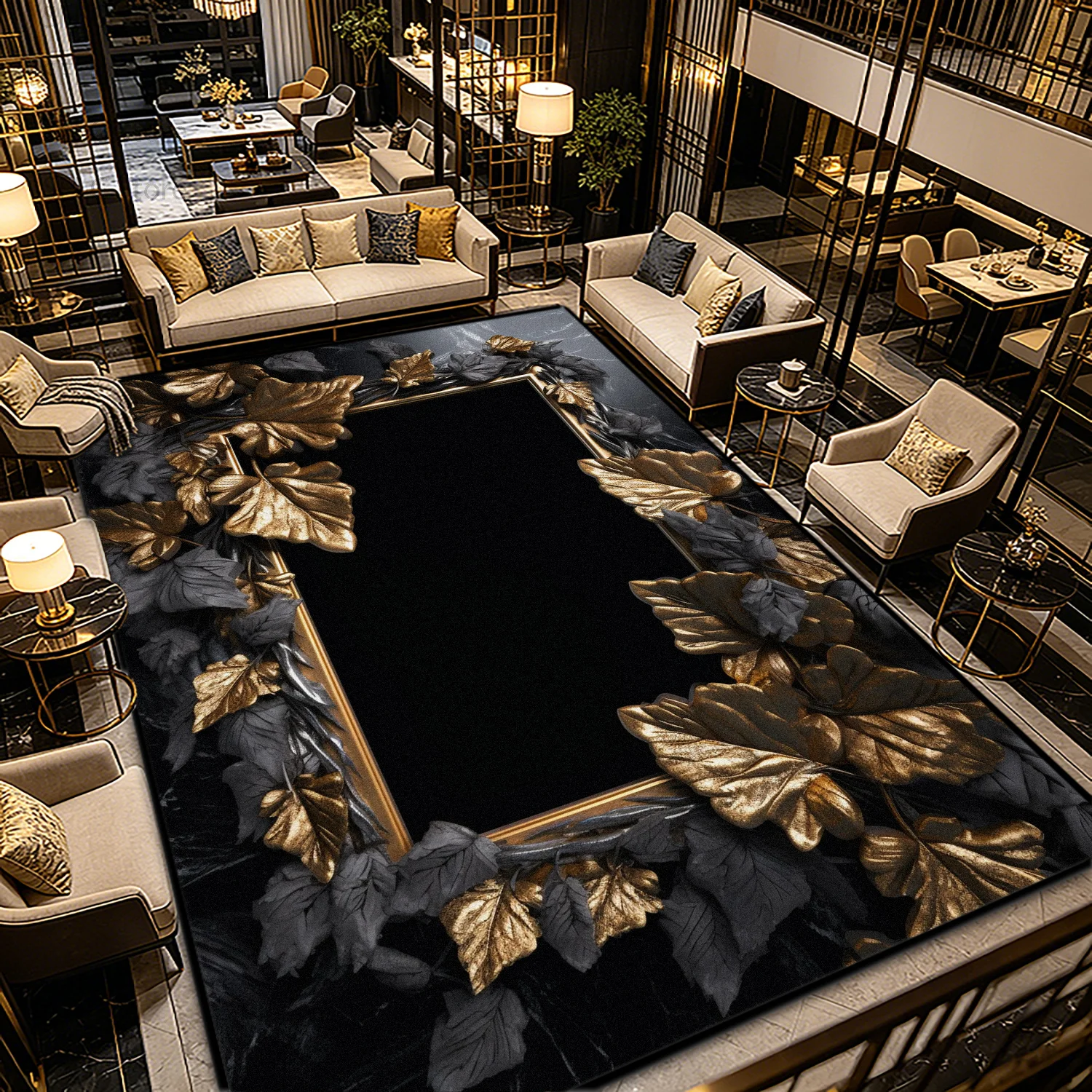 Black Gold Light Luxury Style Washable Fluffy Rug Decoration Bedroom Bedside Non-slip Carpet Foldable Short Velvet Big Floor Mat