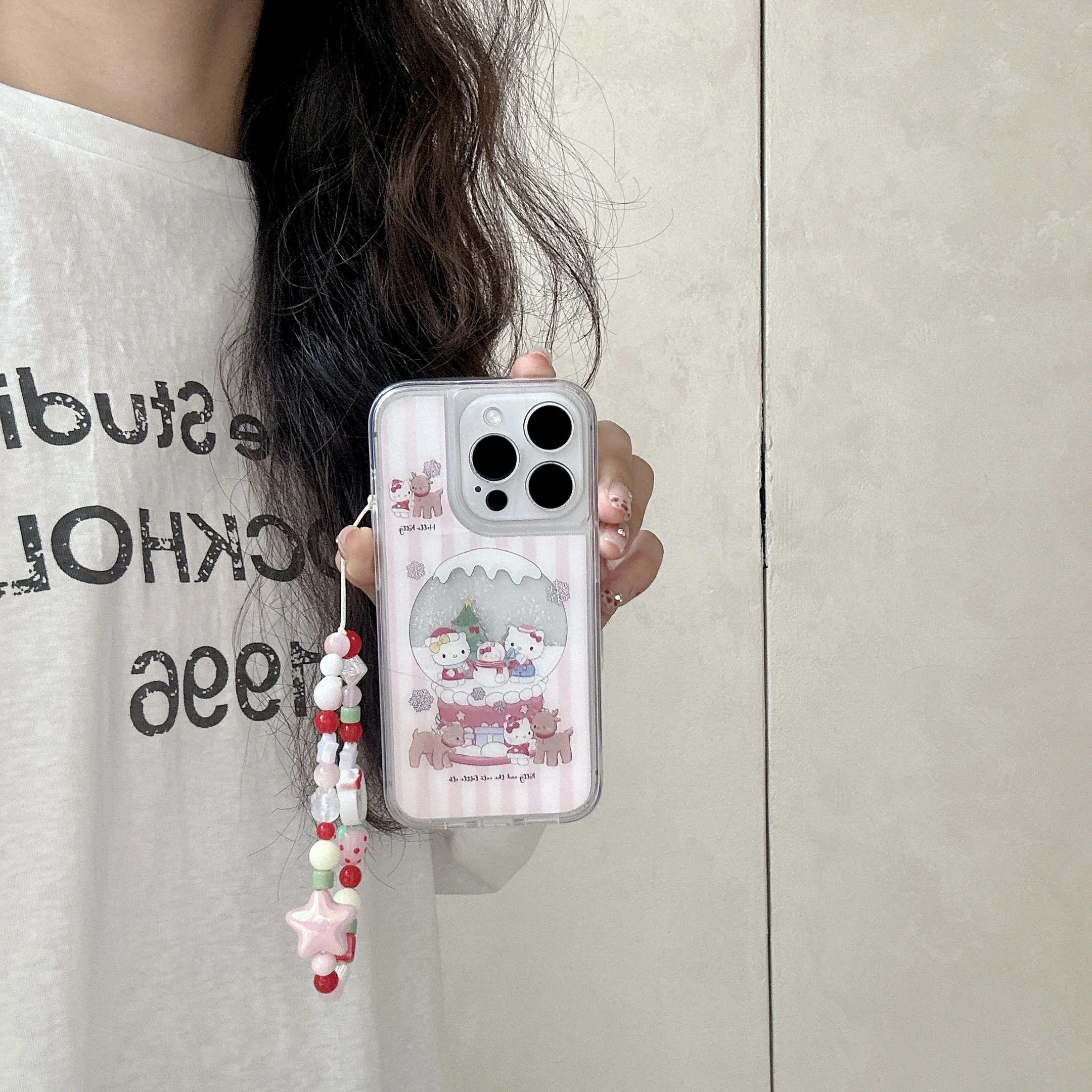 

Christmas Gifts Shifting Sand Phone Case With Lanyard For iPhone 16 15 14 13 Pro Max Cute Sanrio Hello Kitty Snowman Silicone