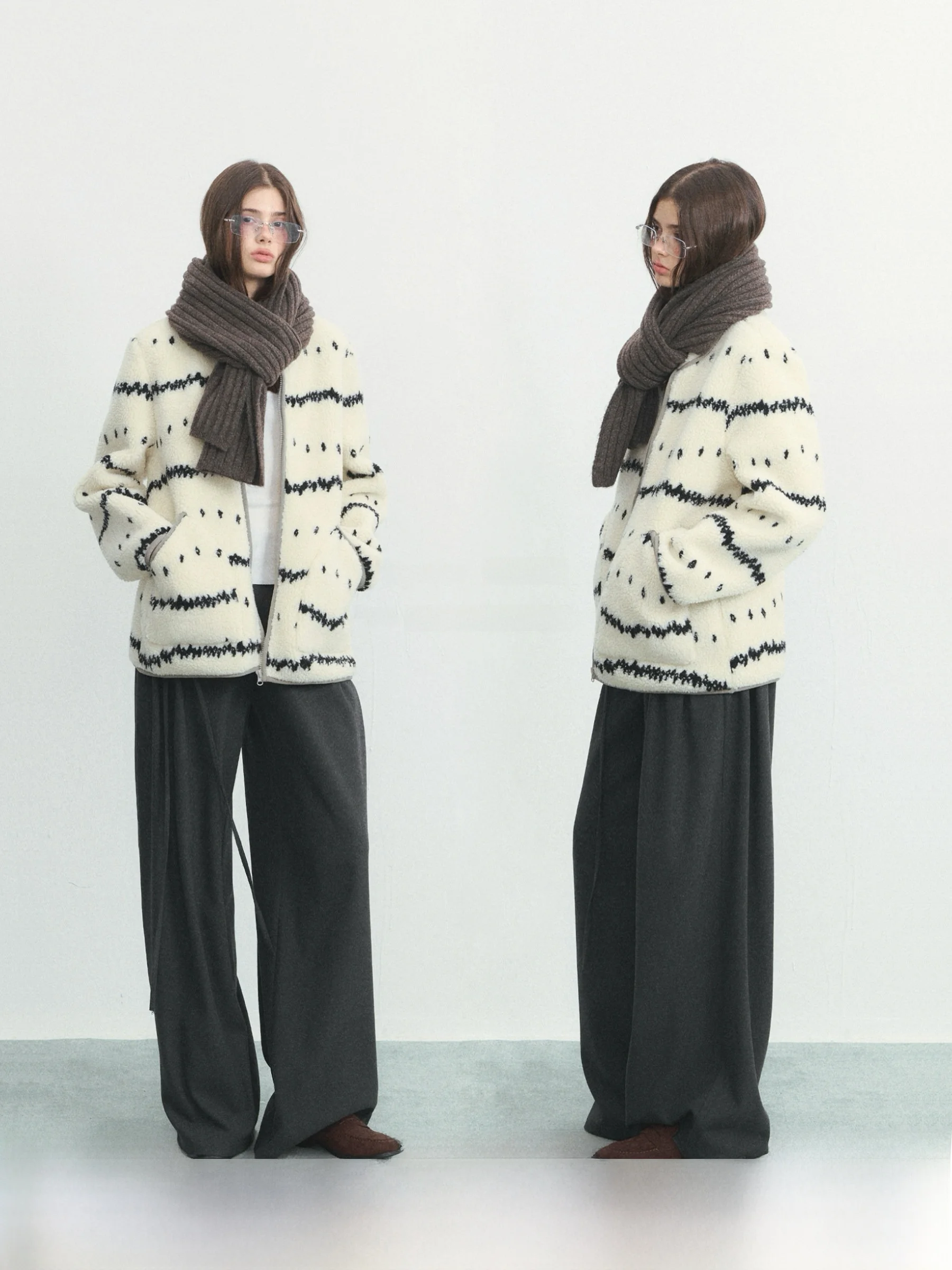 

SPEAR YOUTH Lamb Fur Jaet Zipper Wave Dot Simple Sle Women's ort Outerwear Autumn Winter Polyester Long Sve Coat