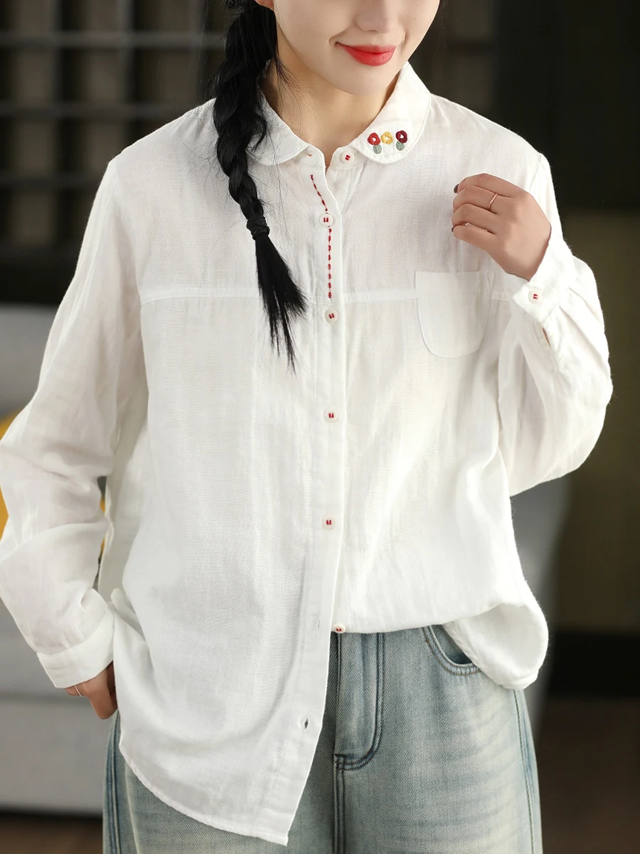 

Artistic Spring Cotton irt Women's Embroidered Stitch Line Long Sve White irt Pure Cotton Loose Fit Breathable Top