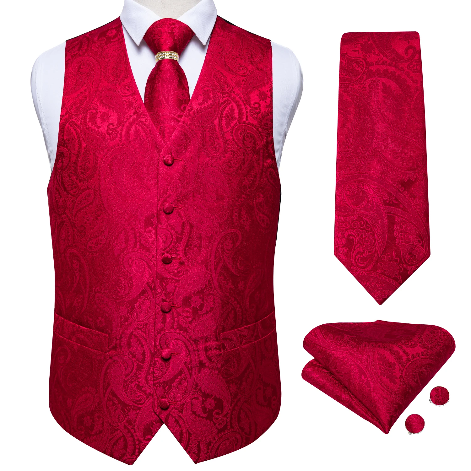 Red Paisley Floral Vest 5-Piece Accessories Set Tie Pocket Square Cufflinks Gold Ring For Wedding Banquet Formal Party
