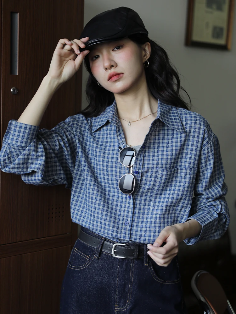 

Blue Retro Loose Long Sve Plaid irt Women's Commute Sle Spring Autumn Trendy Top Button Closure Casual irt