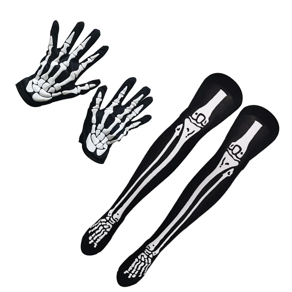 

2Pairs Halloween Cosplay Bone Design Gloves Socks Set Anti Slip Breathable Thigh High Stockings Halloween High Socks Women