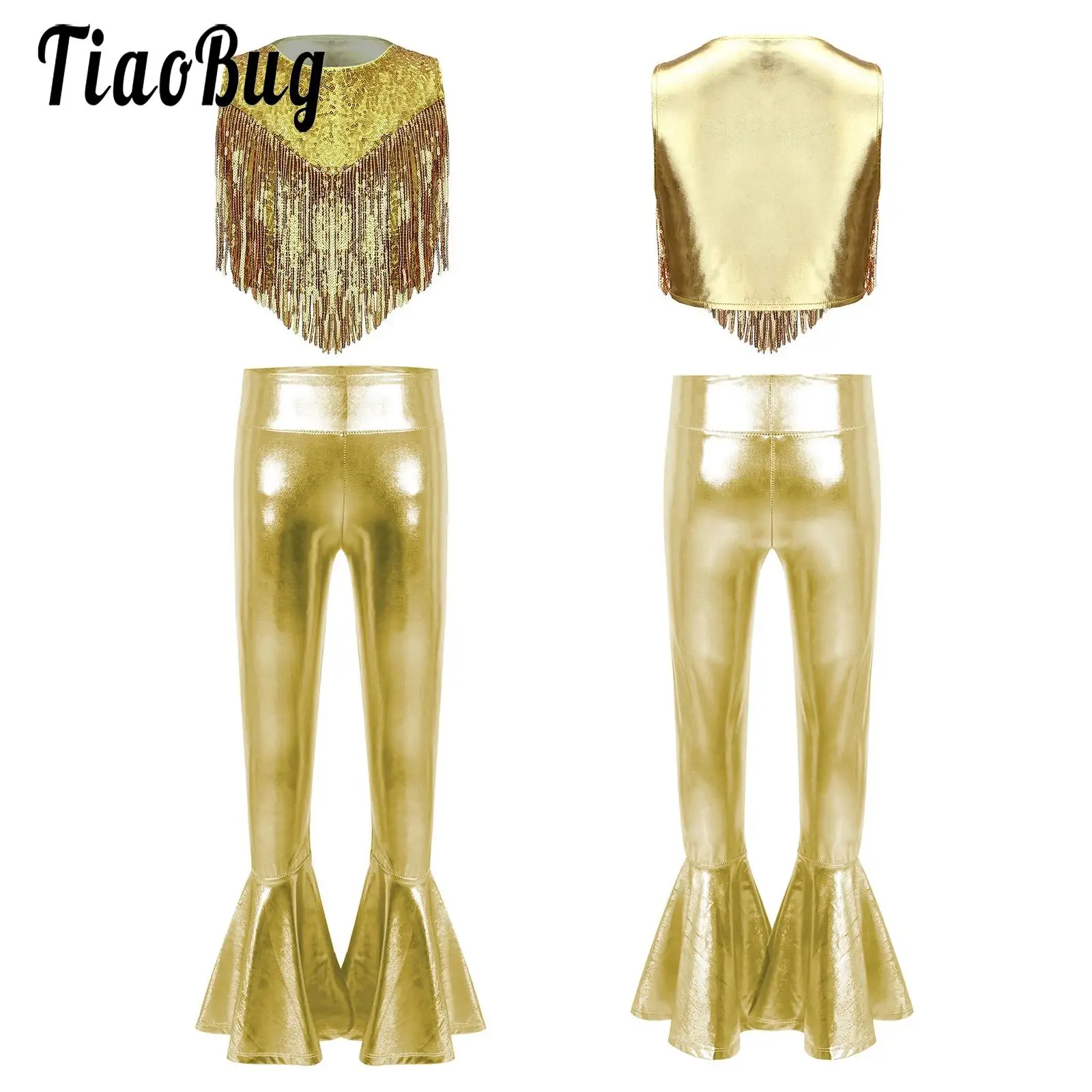 

Kids Girls 70s Disco Costumes Latin Tango Dancewar Metallic Shiny Sleeveless Sequins Tassels Cropped Top and Bell-bottom Pants