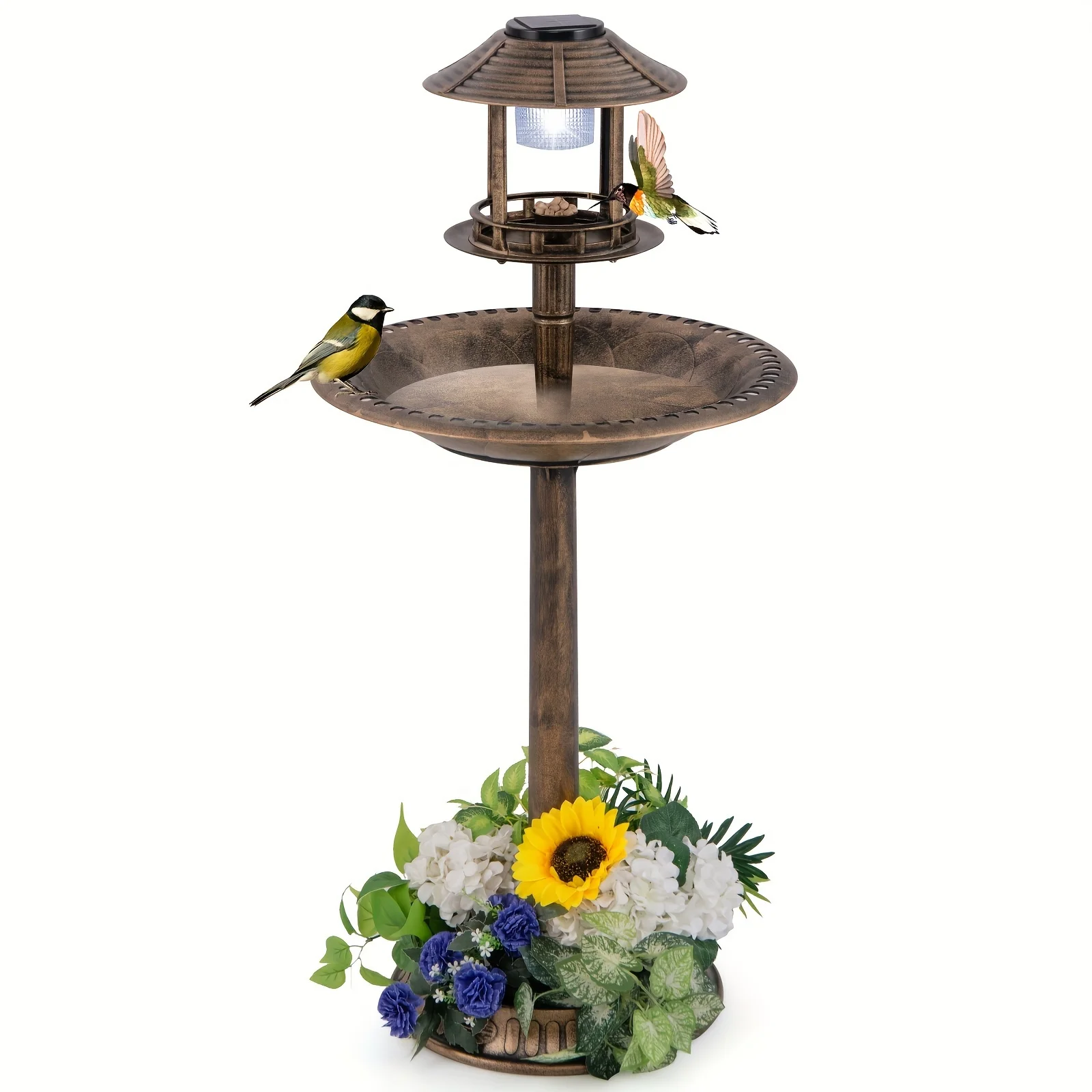 Costway 3-In-1 Pedestal Bird Bath with Solar Light with Bird Feeder & Flower Planter