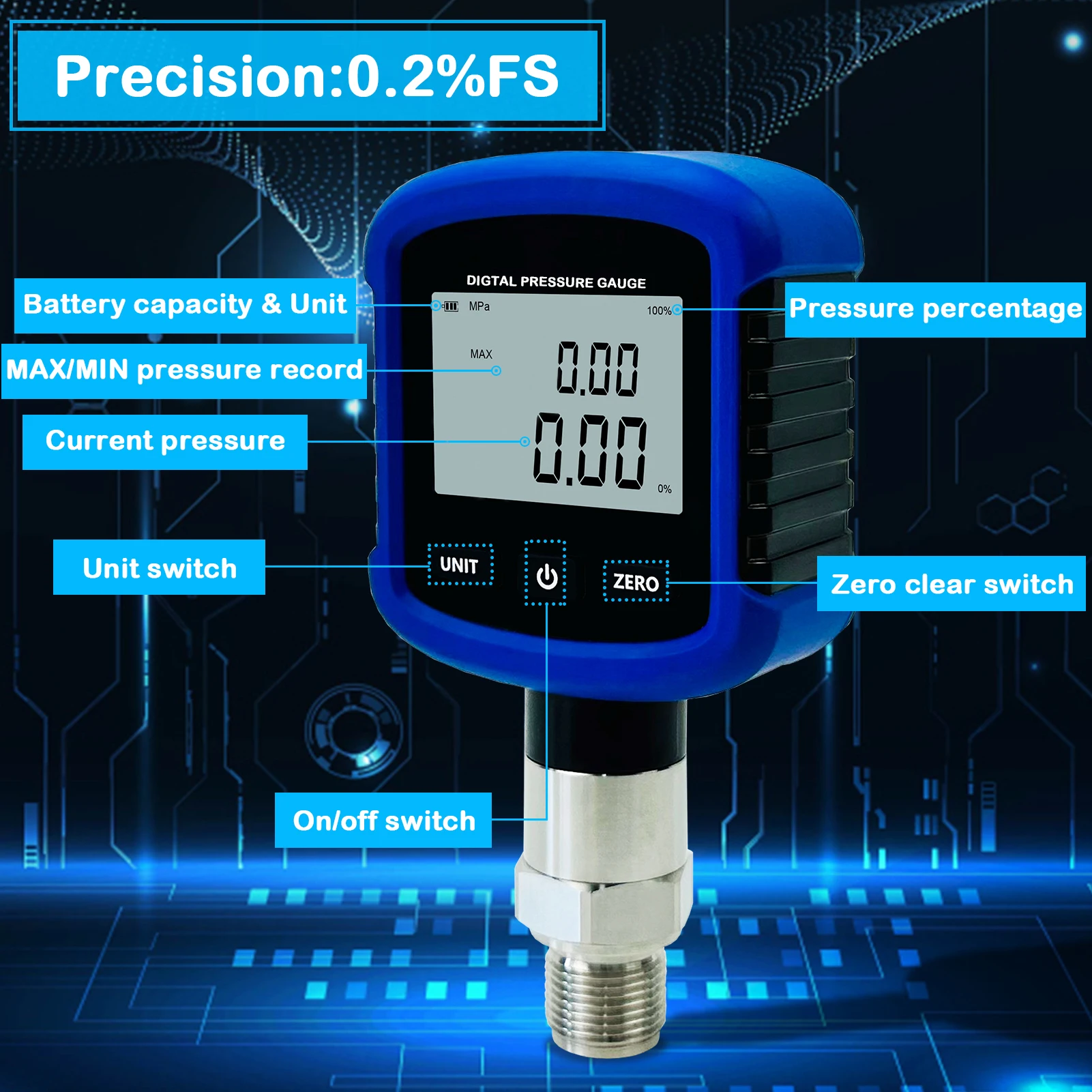 S281 alta precisão 10000psi medidor de pressão hidráulica digital 0.2% fs precisão manômetro ar 1/4 ''npt rosca com 330 °   Rotação