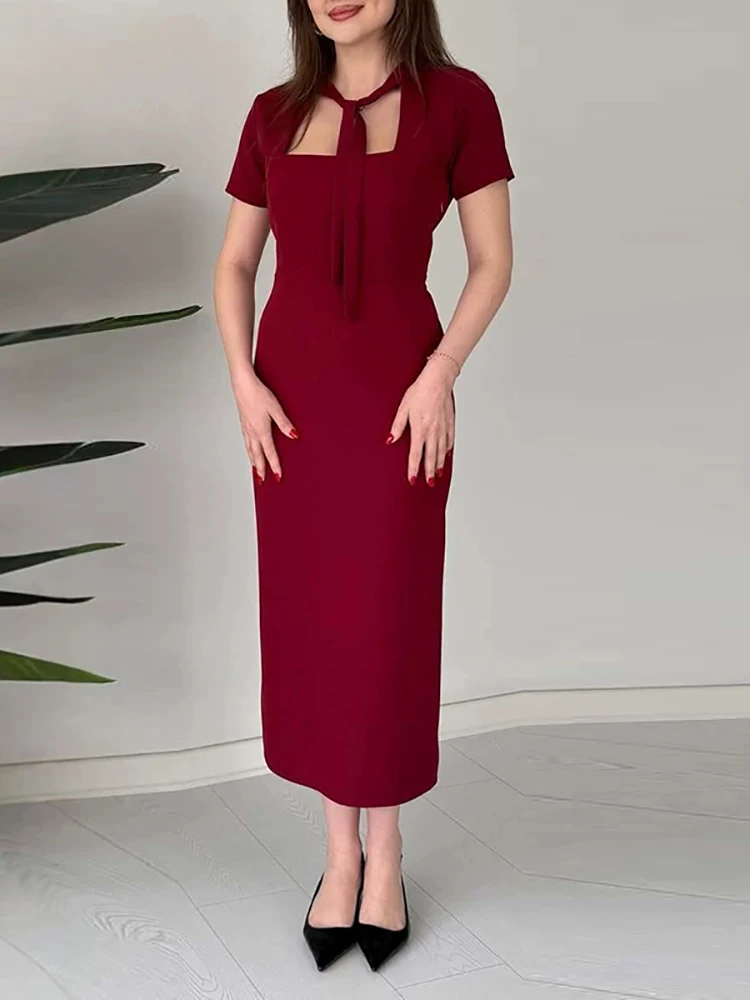 Chic Short Sleeve Tie Neck Cutout Bodycon Pencil Dress Women Polka Dot Print Maxi Dress Elegant Summer Party Office Sheath Dress