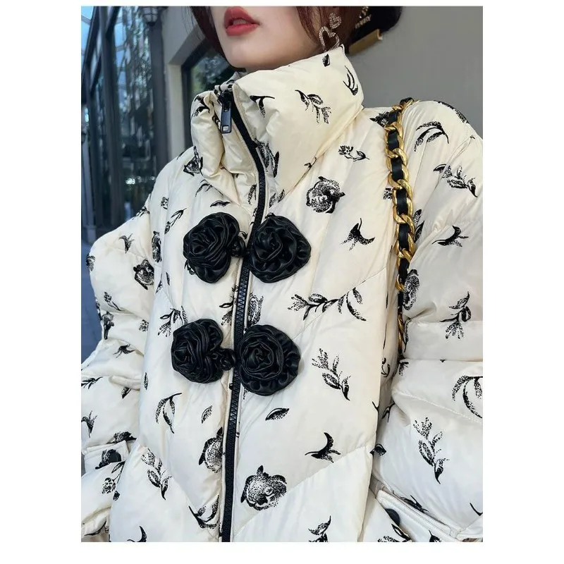 Winter New【 Ink Rose 】90 White Duck Down Cross-stitch Plate Buckle Medium Long Down Jacket for Women Commuting Thick Warm Coat