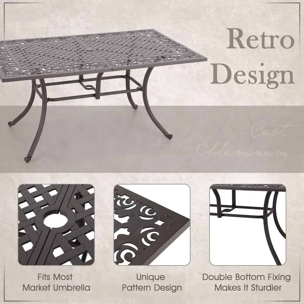 O 6-Personen-Terrassen-Esstisch aus Aluminiumguss, 63 Zoll, rechteckig, mit Retro-Designmuster und Schirmloch, mattiertes goldenes Schwarz