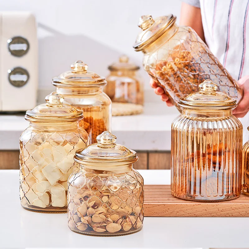 Grid Glass Storage Jar Amber Sealed Glass Bottle Grain Food Storage Container Home Biscuits Candy Jar Home Decoration