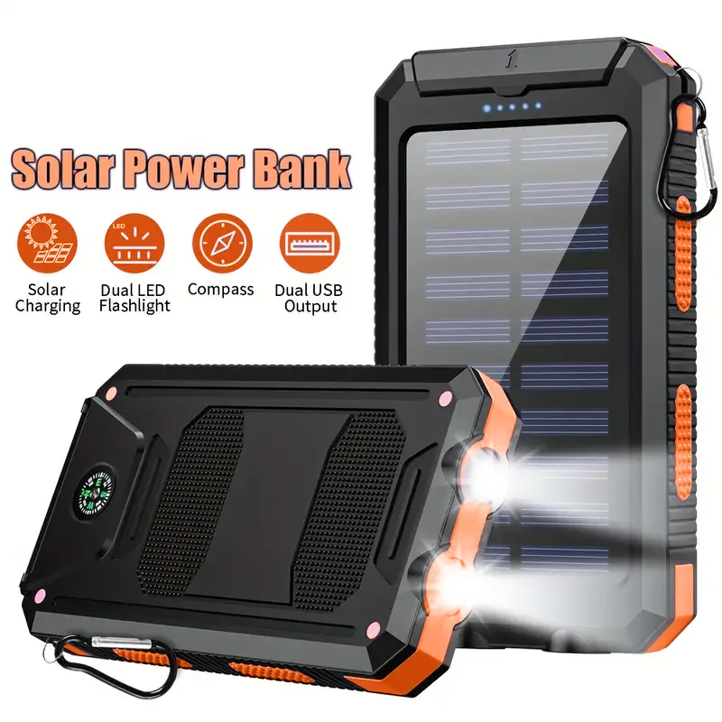 

10000mAh USB Portable Charger Solar Power Bank, Camping External Backup Battery Pack Dual 5V USB Port Output for All Mobile Devi
